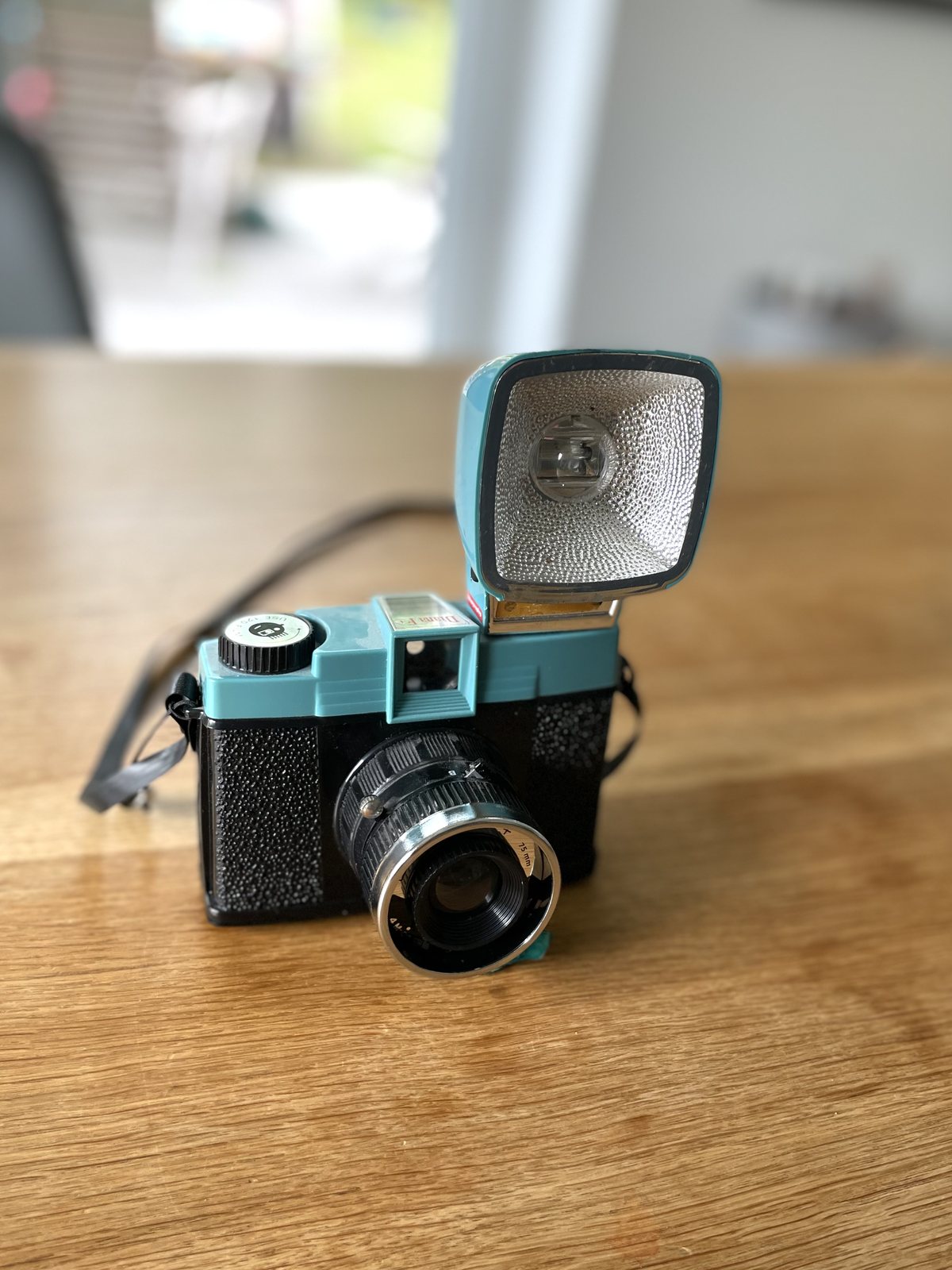 Blaue Diana F+ mit Blitz als analoge Spaßkamera