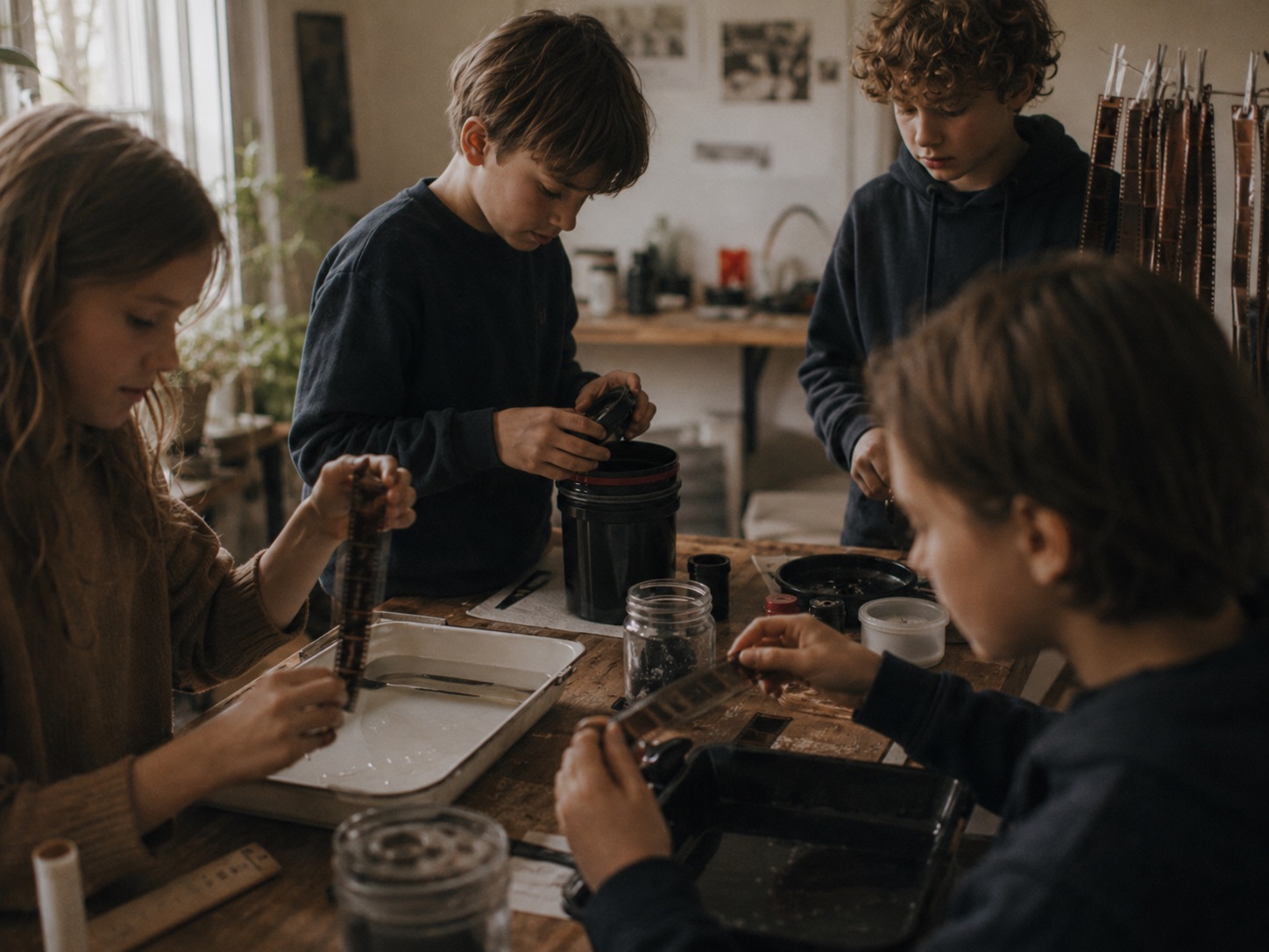 Kinder und Jugendliche arbeiten gemeinsam mit Filmstreifen und Fotomaterial