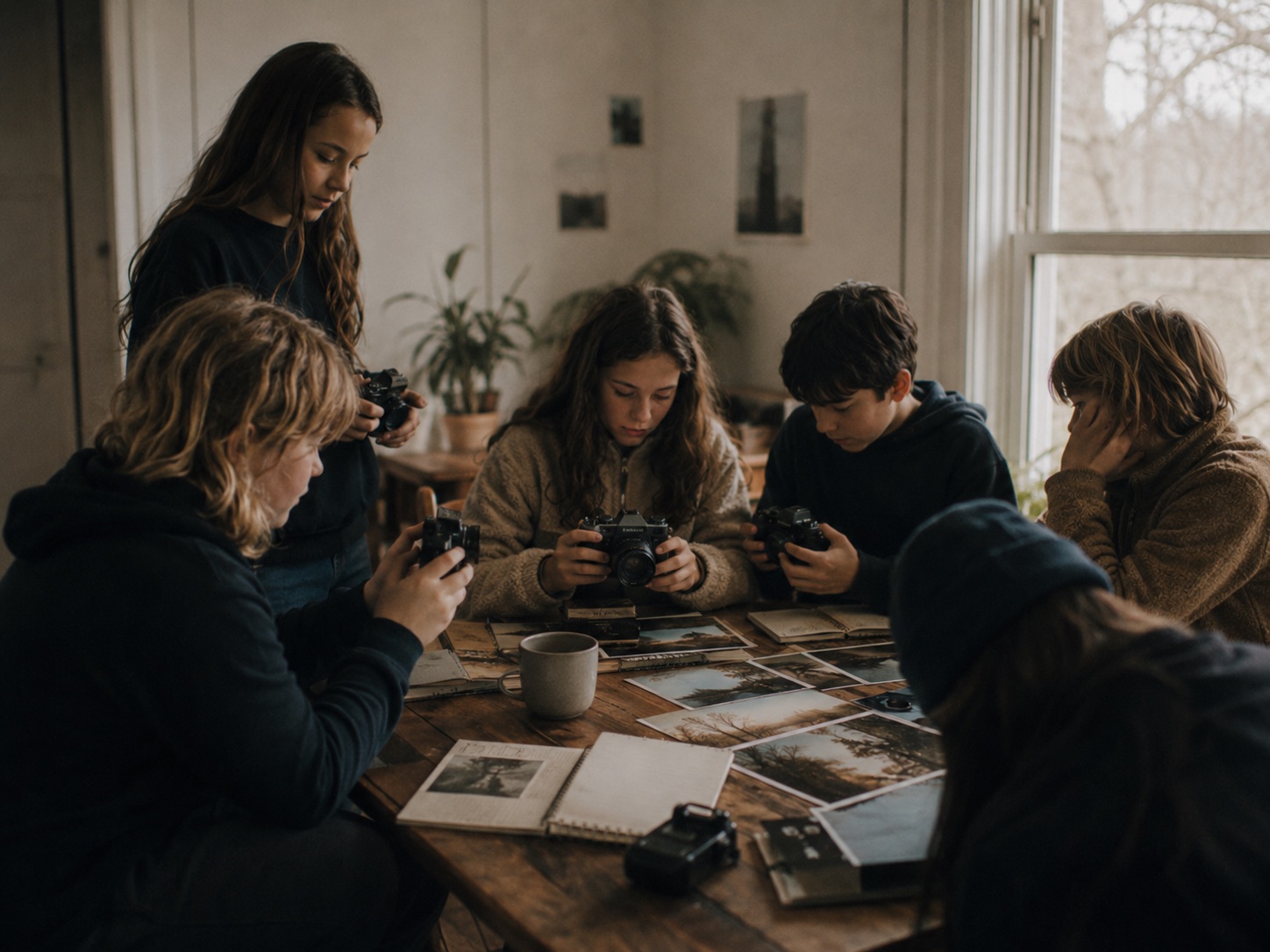 Kinder und Jugendliche halten Kameras bei einem Fotokurs