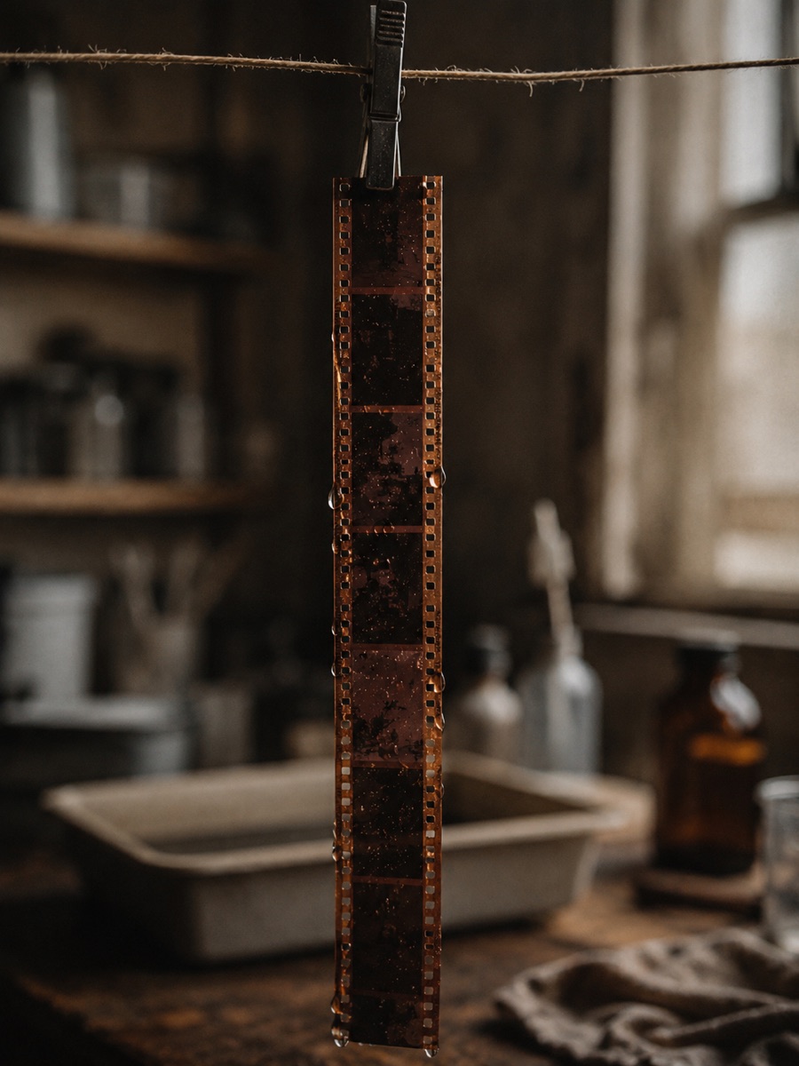 Ein entwickelter 35mm-Film hängt zum Trocknen