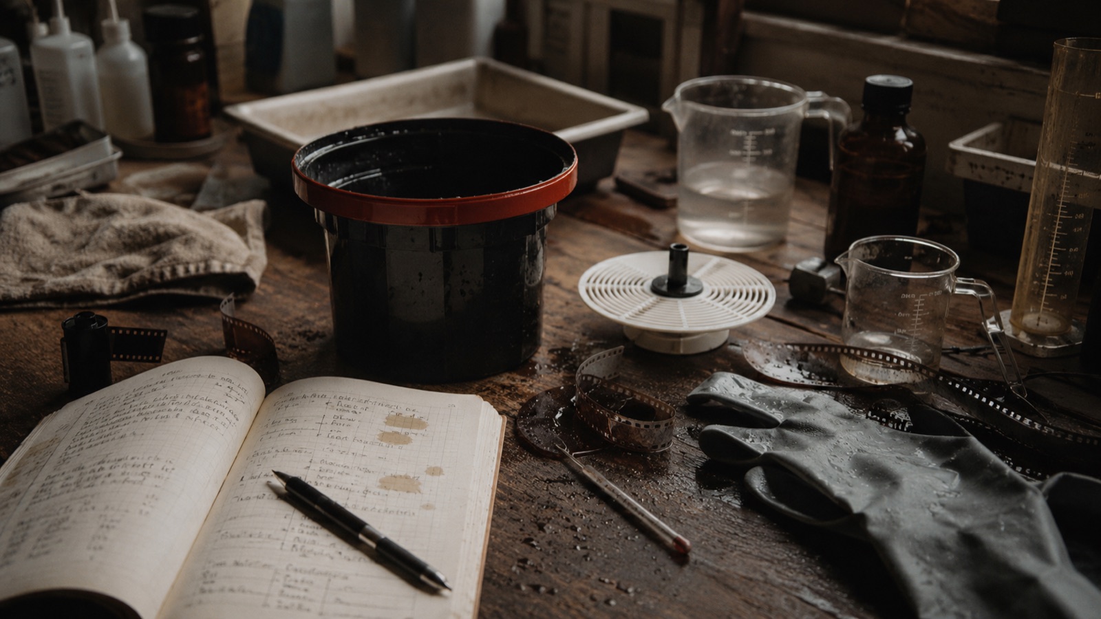 Arbeitstisch mit Entwicklungstank, Notizen und Filmmaterial als Bild für analoge Filmentwicklung