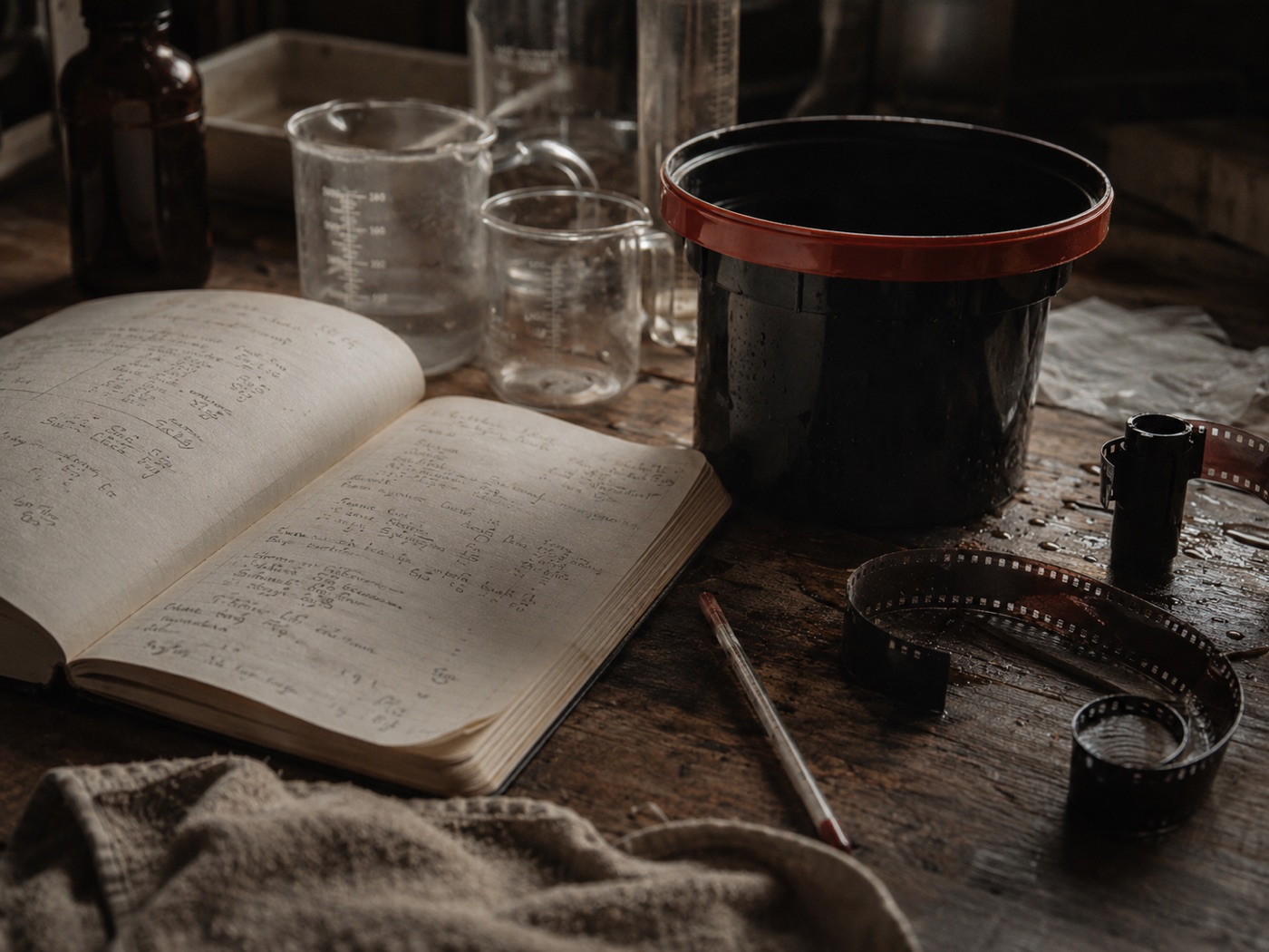 Notizbuch, Messbecher, Entwicklungstank und Filmmaterial für die analoge Filmentwicklung